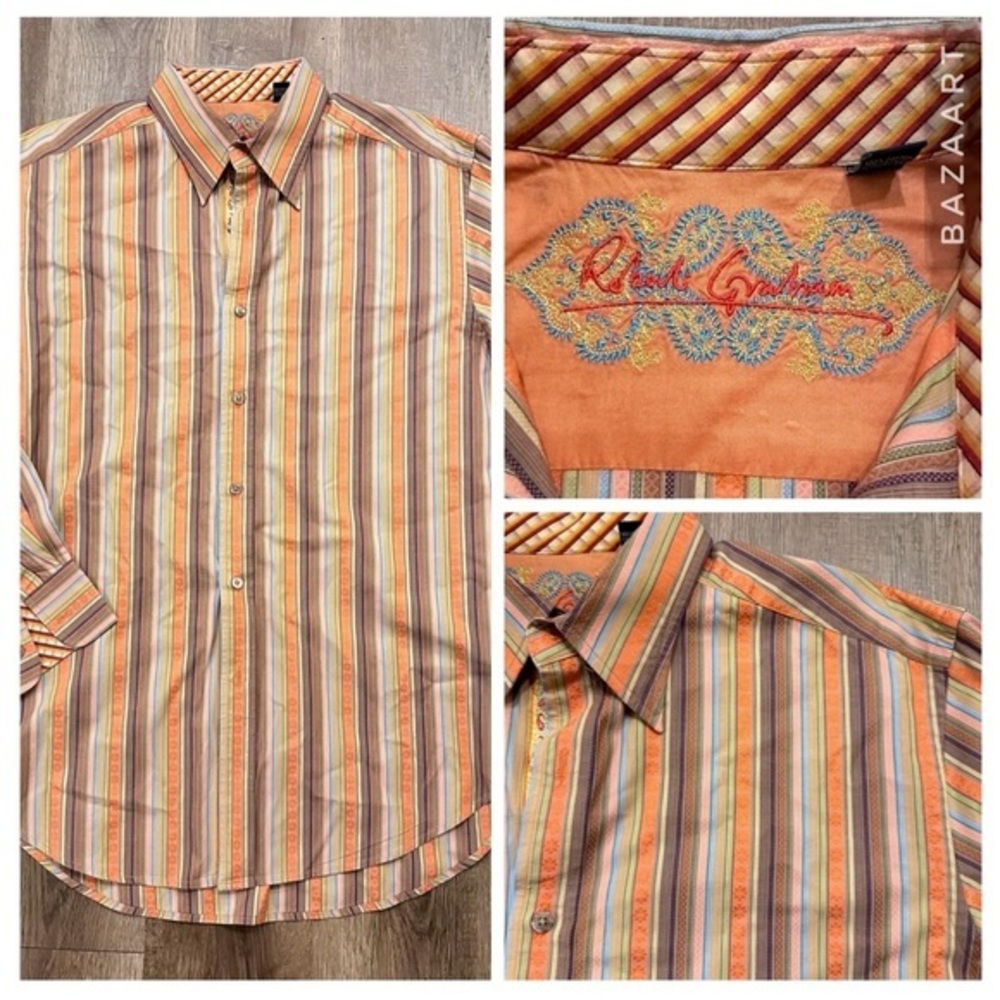 Robert Graham Flip‎ Cuff Shirt Size L Men's Long Sleeve Button Up Embroidered